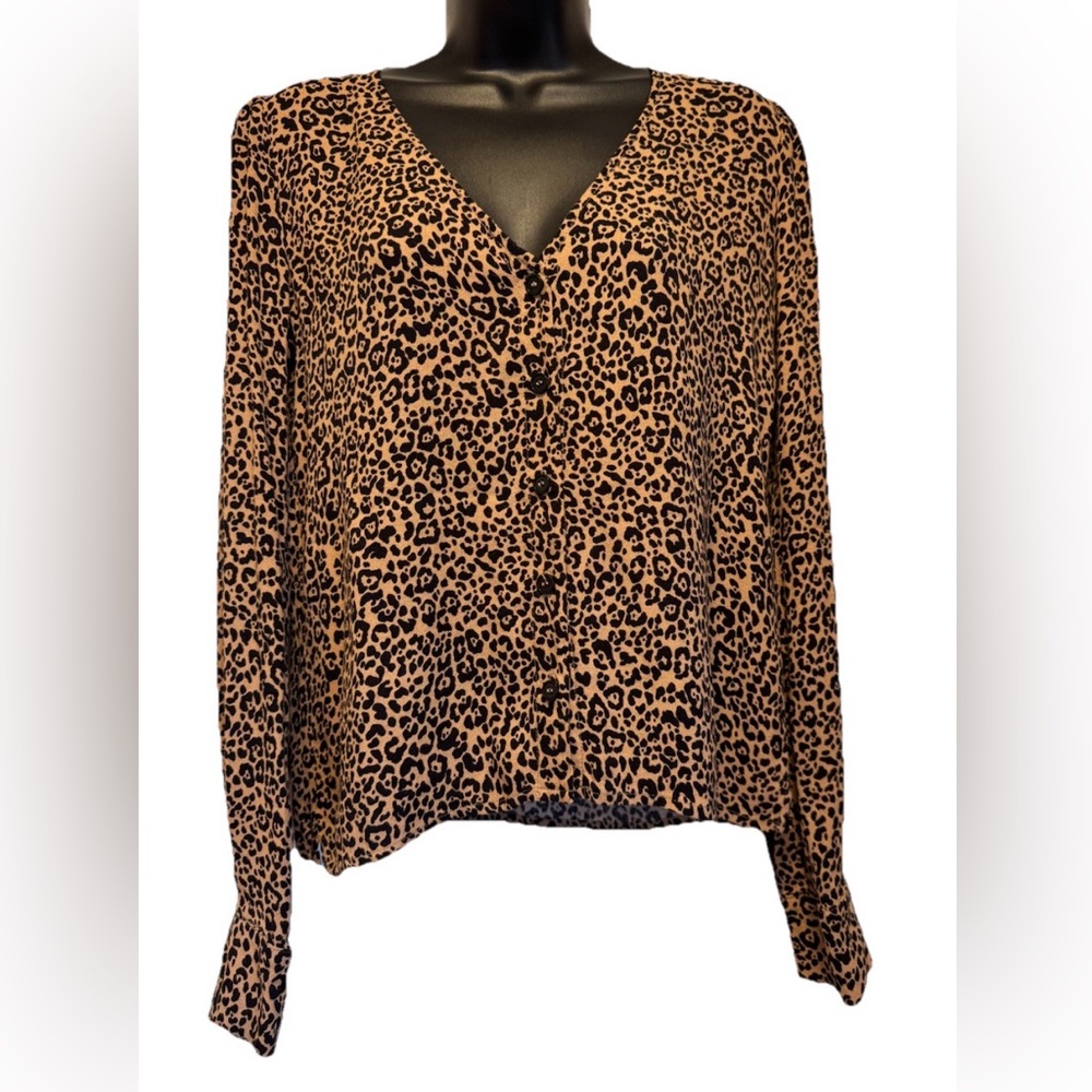 Reformation Leopard Blouse Women’s L Brown Black Viscose & Rayon Long Sleeve